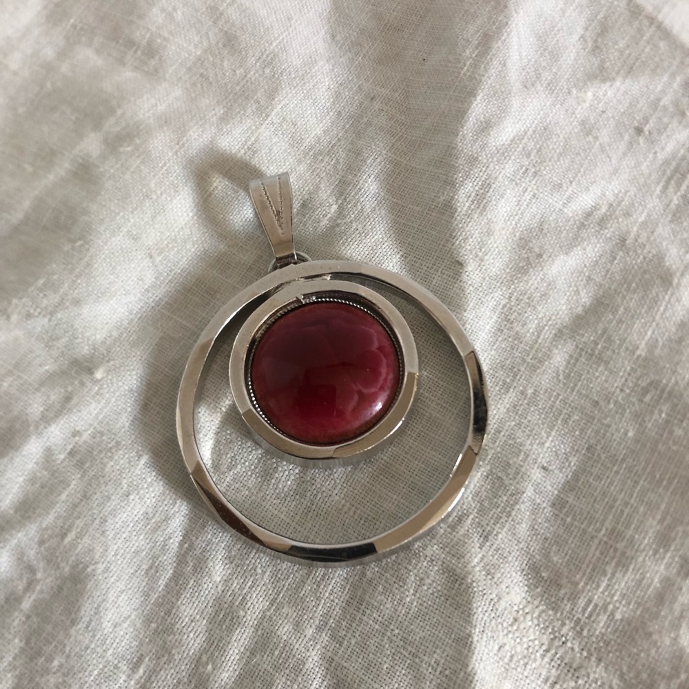 Vtg Silver Pendant with Deep Red Stone Cabochon